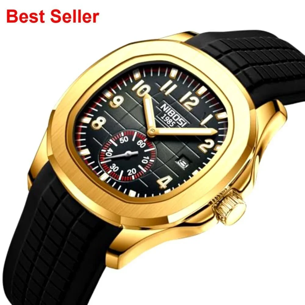Analog Military Watch with Calendar Black Silicone Strap Waterproof